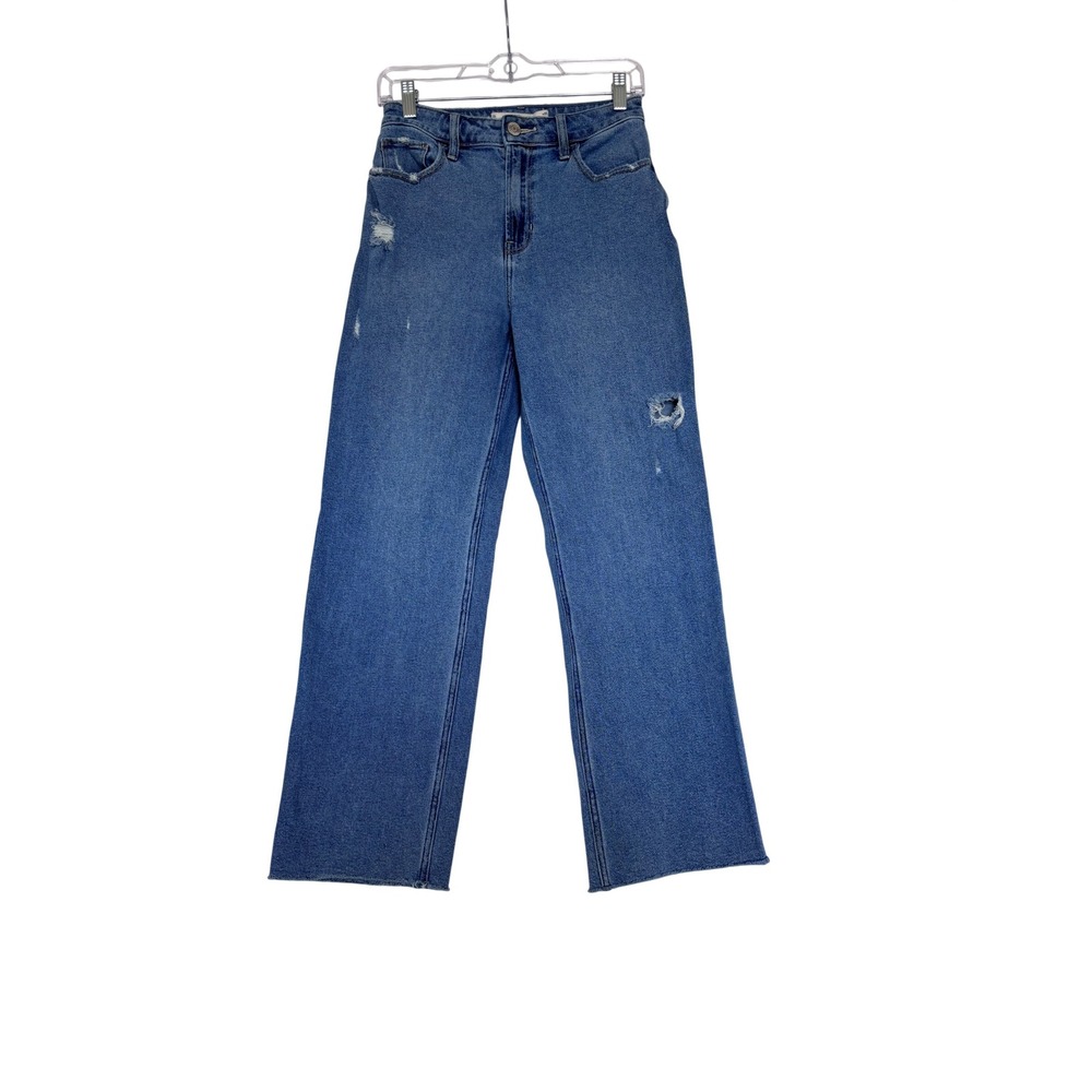 Hollister Ultra High-Rise Dad Jeans Medium Wash Distressed Raw Hem W25 Short